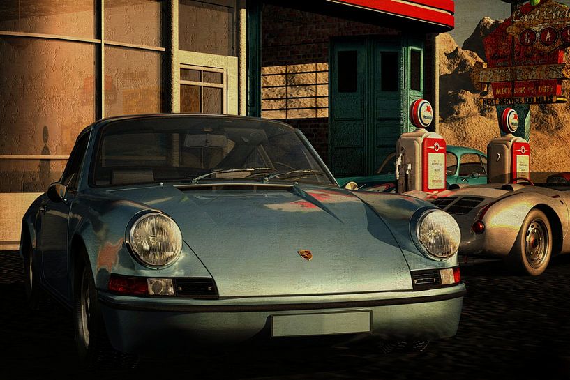 Porsche 911 bij een oud benzinestation van Jan Keteleer