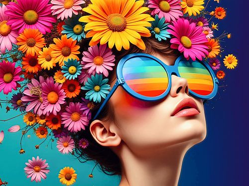 Kleurrijk en surrealistisch portret van een vrouw met bloemen