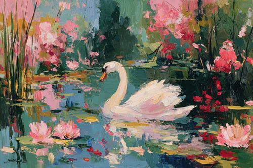 Witte zwaan in een bloeiende vijver