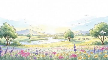 Aquarell-Landschaft mit Fluss, Blumen und Tieren von Markus Gann