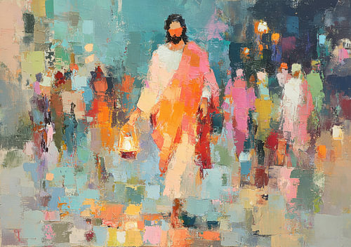 Jesus Christ holding a glowing lantern in the midst of a crowd