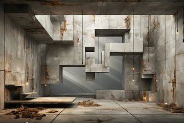 Abstracte ruimte met geometrische objecten van beton van Ton Kuijpers