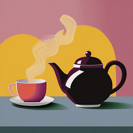 Kleurrijk Grafisch Stilleven in Retro stijl van Donkere Theepot met kopje. van STUDIO ARTSY