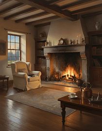 Le salon paisible d'une ferme au coin du feu sur Regan Frederick