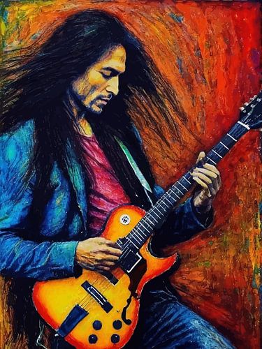 Man speelt elektrische gitaar in abstracte levendige