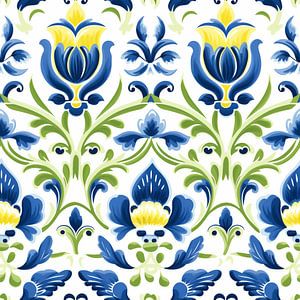 Kachelmuster blau weiß gelb stilisiert Tulpen Blumen flämisch