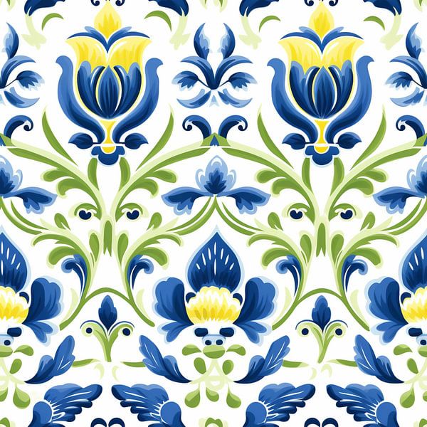 Kachelmuster blau weiß gelb stilisiert Tulpen Blumen flämisch von gm_designs