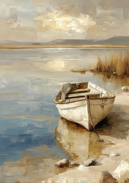 Bateau à rames au bord d'un lac - peinture à l'huile vintage par Niklas Maximilian