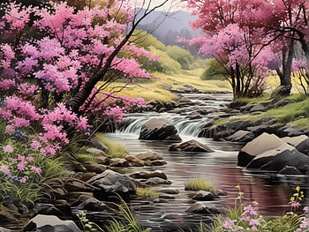 Gelassener Frühlingsbach mit rosa Blüten