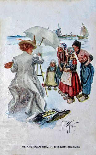 Vintage ansichtkaart van 'Het Amerikaanse meisje in Nederland'