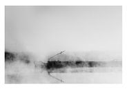 Inland navigation transport ship or barge  in the mist on a river - stylized black and white image w by John Quendag thumbnail