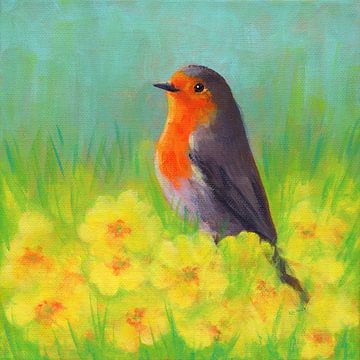 Robin and primroses by Karen Kaspar