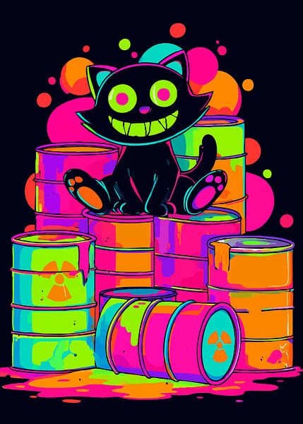 Neonkatze auf Farbfässern von Pixelbull Design
