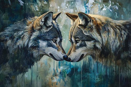 Peinture nez à nez avec des loups