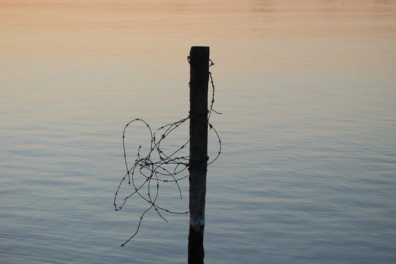 Pole with barbed wire in coloured water by Geert Visser