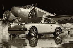 Photo en noir et blanc d'une Porsche 911