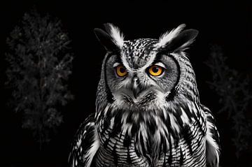 Zwart-witte uil met scherp contrast van Art & Soul Creations