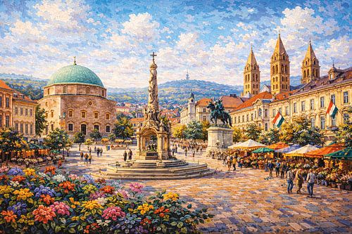 Pecs in Hongarije, een impressionistisch schilderij.