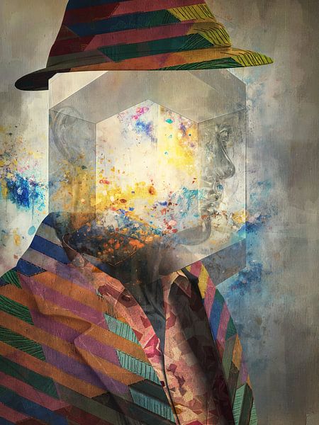 Colourful abstract portrait of an anonymous Art Junkie with hat by Arjen Roos