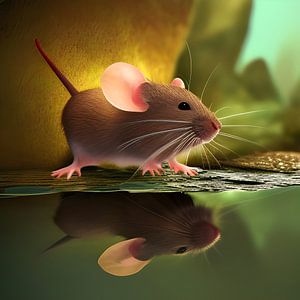 Maus mit ihrem Spiegelbild in ener Pfütze