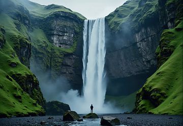 Waterfall and Mossy Cliffs with Person on Rocks by Markus Gann