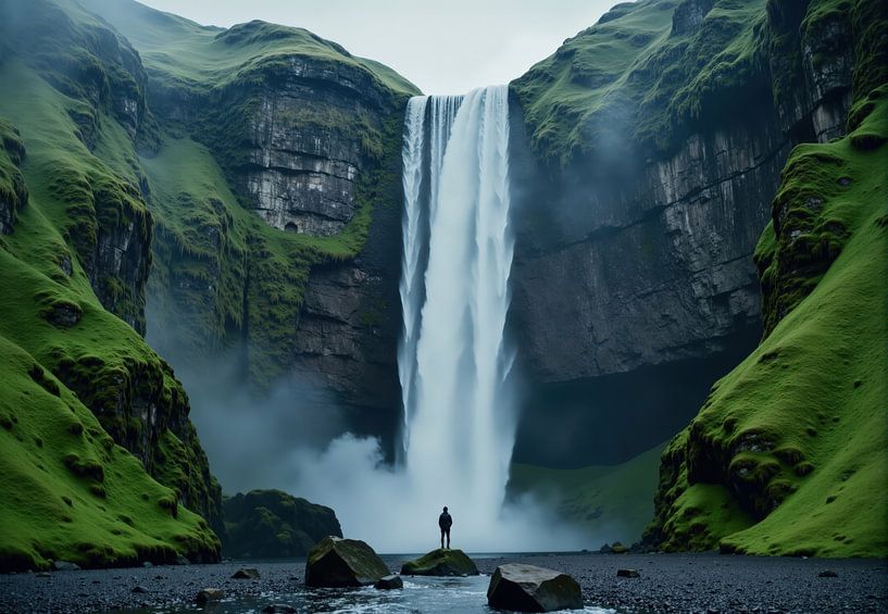 Wasserfall und moosbewachsene Felsen mit Person auf Felsen von Markus Gann