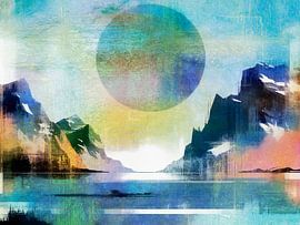 Scandinavian fjord landscape midnight sun by Mad Dog Art