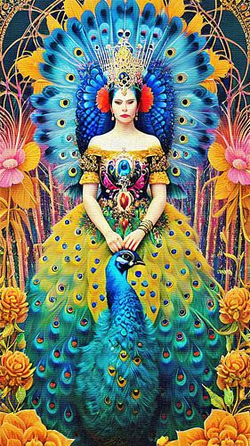 Pauwervrouw op troon