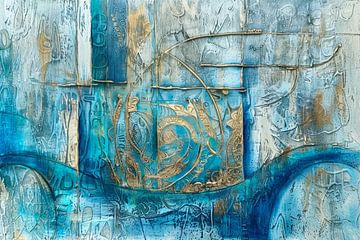 Abstract schilderij in turquoise en goud “Textures of Blue and Gold“ van Joriali Abstract