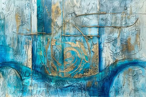 Turquoise Abstract Schilderij - Goudaccenten en Diepe Textuur in Mediterrane Stijl