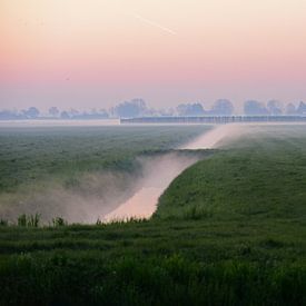 Mistige ochtend in het Nederlandse platteland met kanaal in de velden en de maan van Nfocus Holland
