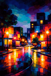 Une ville illuminée la nuit sous la pluie sur DesignDoodle