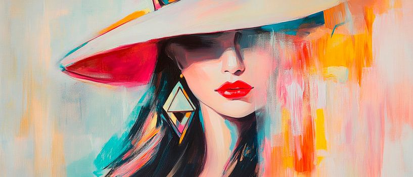 Kleurrijke dame met hoed en rode lippen van Poster Art Shop