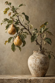 Botanical still life with pears in a rustic vase by Valleifoto | Rick van de Kraats