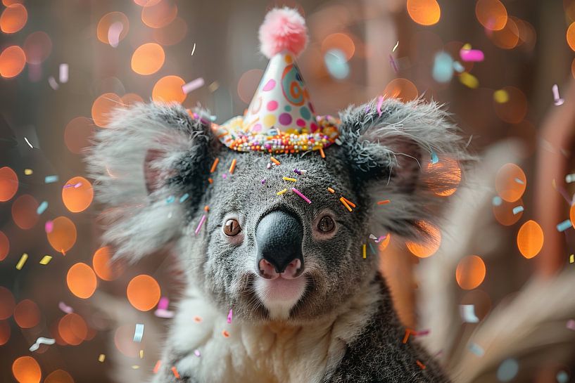 Grappige koala in feesthoed die een verjaardag viert van Poster Art Shop