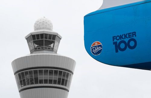 KLM Fokker 100 and control tower Schiphol by Dirk Jan Kralt