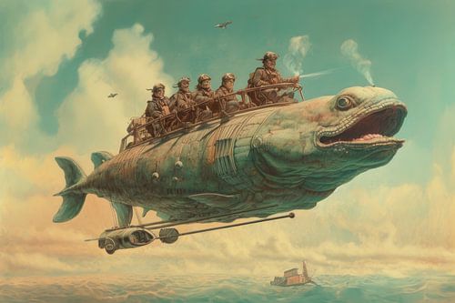 Strange bizarre flying creature with men on it