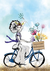 Zeeuws Meisje op de Fiets – Aquarel Bloemen van Debbie van Eck