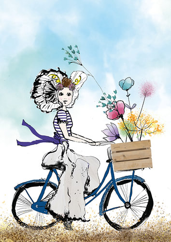 Zeeland Girl on a Bicycle – Watercolour Flowers by Debbie van Eck