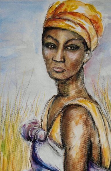 Portret van een Afrikaanse vrouw. Aquarel en pasteltekening van Ineke de Rijk