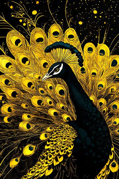 Golden peacock with decorative feathers by Imperial Art House