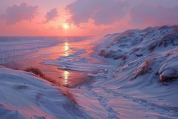 Besneeuwd Noordzeelandschap bij zonsondergang van Poster Art Shop