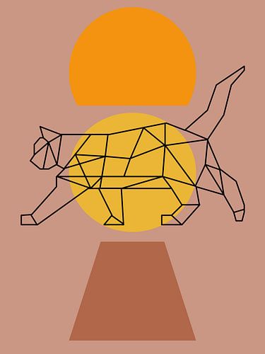Retro Lijntekening Kat – Kleurrijke Kat in Geometrische Vormen | Moderne Kattenkunst