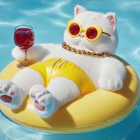 Entspannte Katze mit Wein und Goldkette im Pool-Panorama von TheXclusive Art