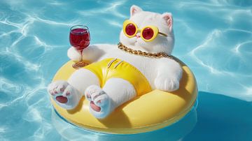 Relaxed cat with wine and gold chain in pool panorama by TheXclusive Art