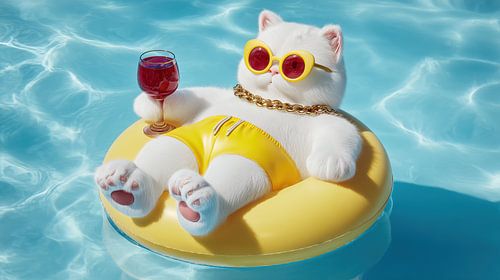Relaxed cat with wine and gold chain in pool panorama by TheXclusive Art
