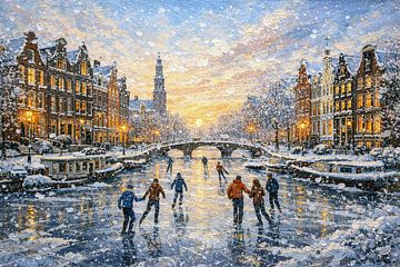 Ein Gemälde mit einer Winterszene aus Amsterdam in den Niederlanden. von Johannes