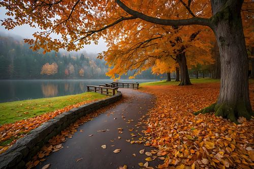 Kleurrijk herfstlandschap langs een meer