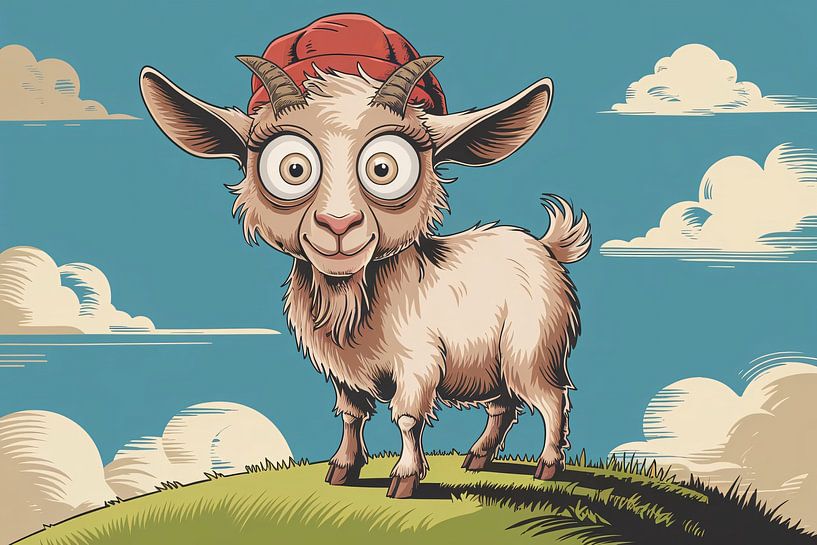 Cheerful colourful goat illustration with hat by Art & Soul Creations