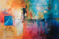Abstract painting, yellow, orange, blue, purple and green